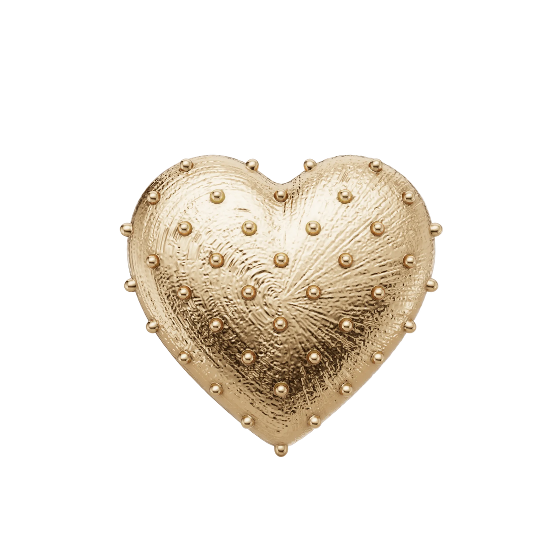 Gold heart-shaped decorative item with raised textures on a light gray background